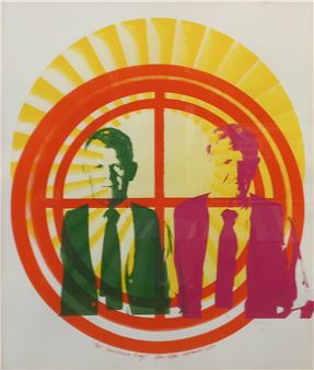 A pop-art style print featuring two figures in suits against a vibrant, circular sunburst background.