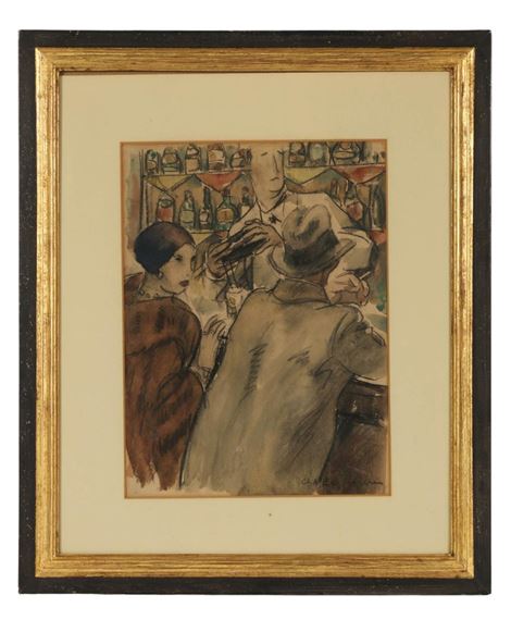 A sketch of a bar scene with three figures and bottles in the background.