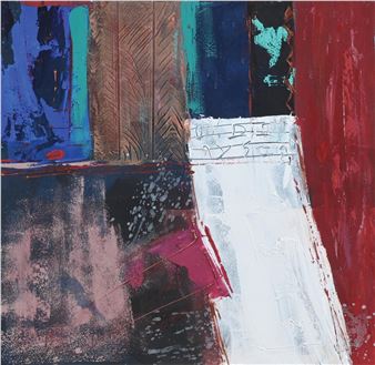 An abstract composition featuring bold geometric blocks of color and textured brushwork.