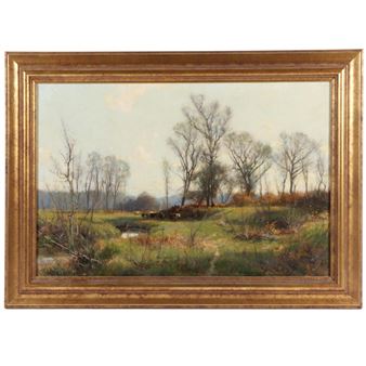 "A pastoral landscape painting featuring a group of cows in a grassy field under a pale sky."