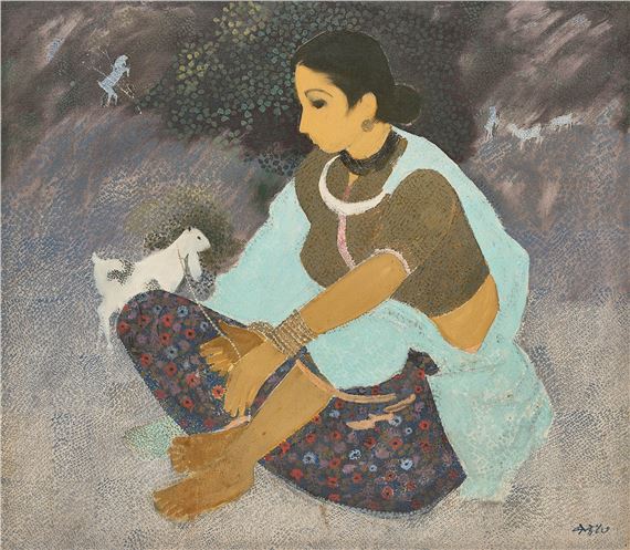 A contemplative figure in traditional attire sits cross-legged with a small white animal beside them.