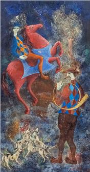 A surreal composition featuring a figure on a rearing horse and another figure with a hoop, set against a textured blue background.