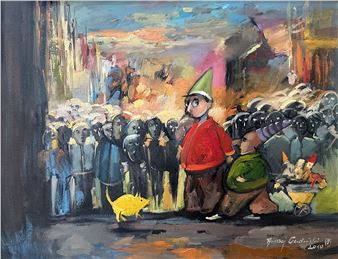 A surreal street scene where a robed figure stands before a silent, shadowed crowd.