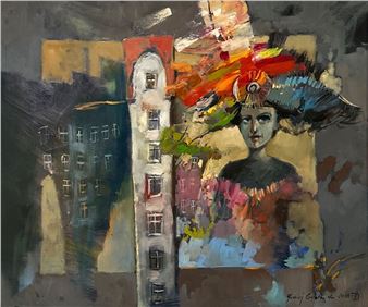 A vibrant portrait of a figure with an elaborate hat set against a backdrop of stylized buildings.