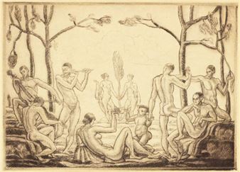 A drawing of a group of people in a wooded area.