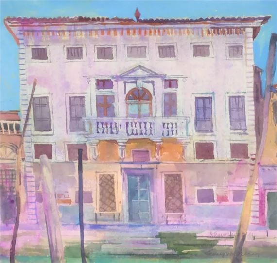 A watercolor painting of a multi-story building with a balcony, rendered in soft pastel tones.
