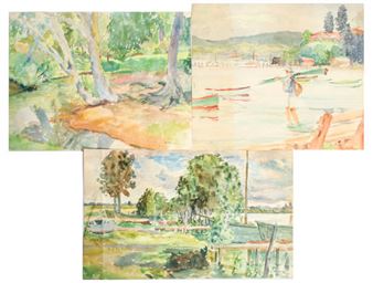 A triptych of watercolor landscapes depicting serene river scenes with trees, boats, and distant hills.