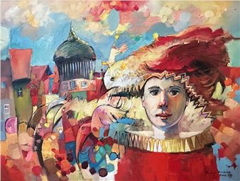 A vibrant, expressive portrait of a figure in a red costume against a colorful cityscape.