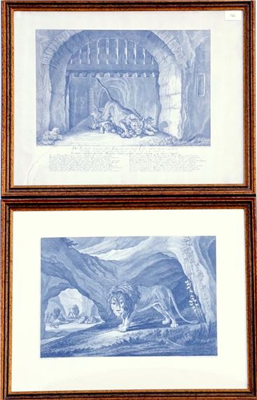 Two framed blue-toned etchings depicting lions in naturalistic settings.