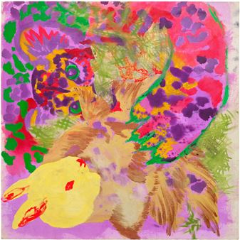 A colorful, abstract portrait of a figure with a yellow head against a vibrant, patterned background.