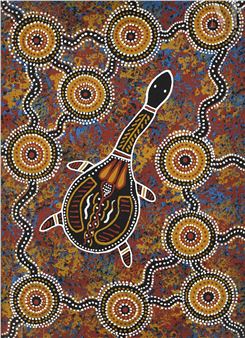 A dot-painted artwork featuring a central turtle surrounded by concentric circles on a textured earthy background.