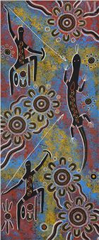 A vertical composition of stylized figures and concentric circles on a textured, multicolored background.