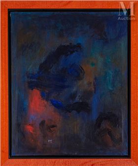 An abstract portrait in deep blues and reds, framed in wood.