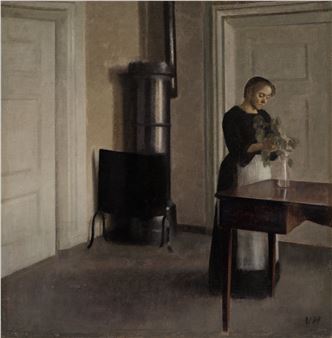 Interior of Woman Placing Branches in Vase on Table (Interiør med kvinde, der stiller grene i et glas, Strandgade 30