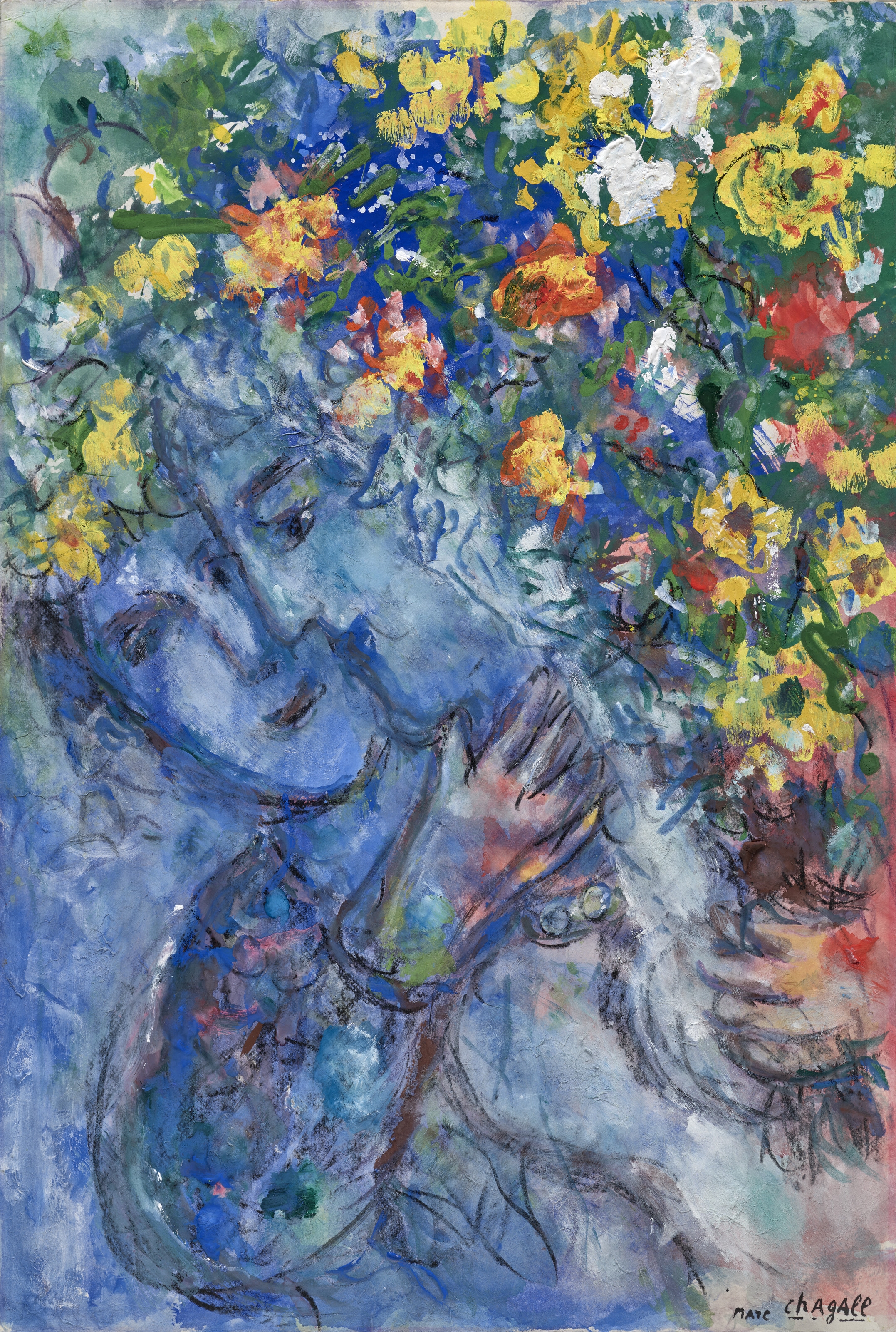 Marc Chagall | Les amoureux bleus aux fleurs (1969) | MutualArt