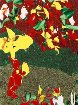 A vibrant, abstract floral composition featuring bold red and yellow shapes against a textured background.