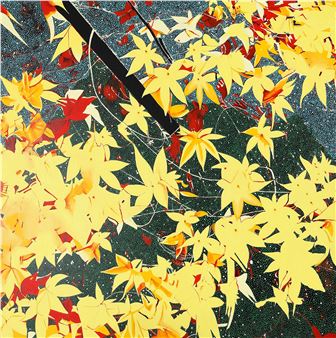 A vibrant abstract composition of maple leaves in autumnal colors against a dark, textured background.