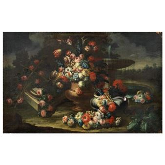 STILL LIFE WITH VASE OF FLOWERS, FOUNTAIN AND A COLUMN BASE - Gasparo Lopez