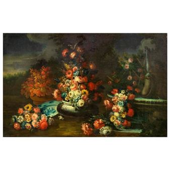 STILL LIFE WITH VASE OF FLOWERS, PORCELAIN TRAY AND FOUNTAIN - Gasparo Lopez