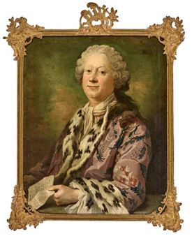A formal portrait of a person in an ornate frame, dressed in patterned fabric and fur.