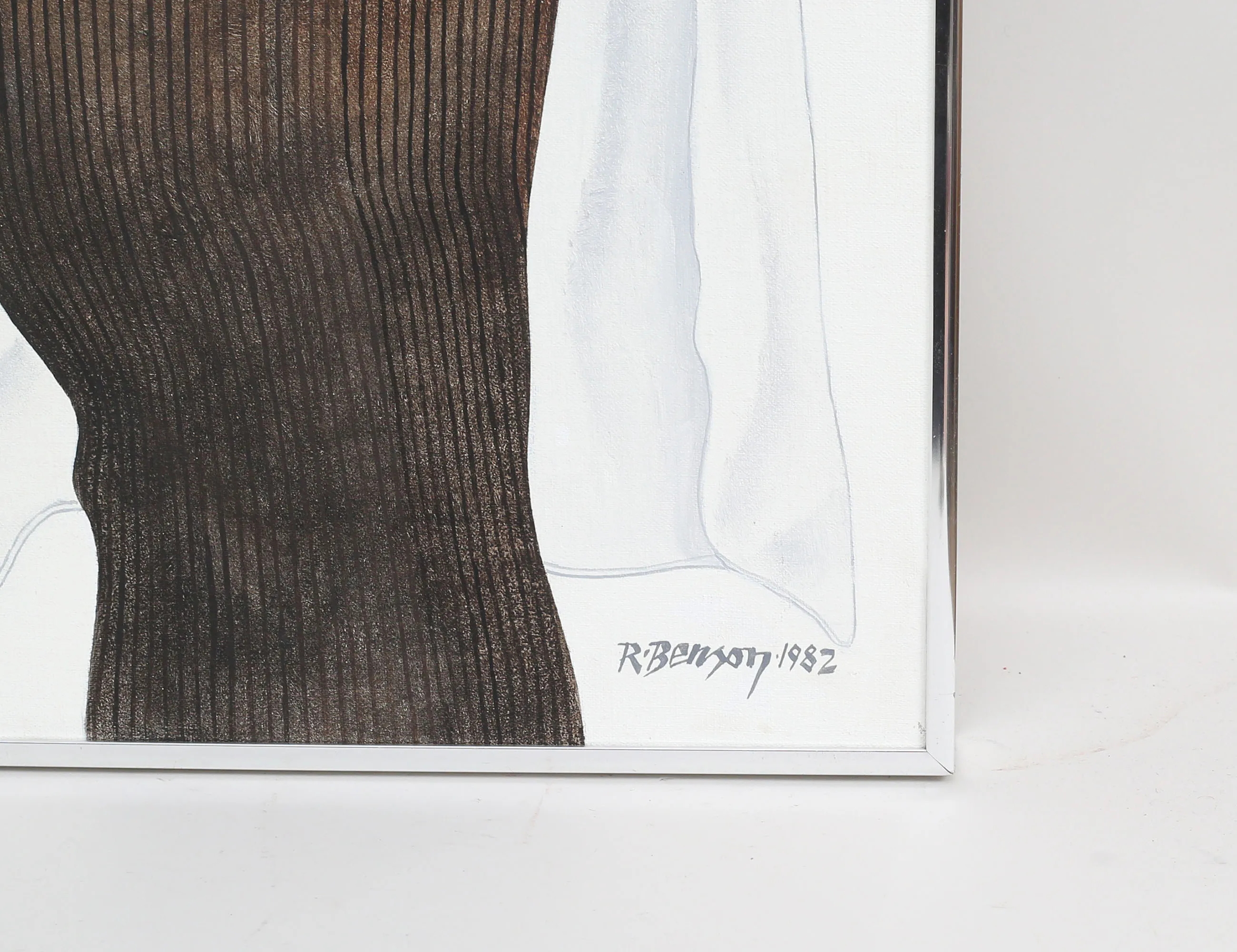 A realistic painting of a figure in white clothing and dark stockings.