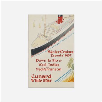 A vintage travel poster featuring a large cruise ship against a stylized seascape with palm trees and text advertising winter cruises.