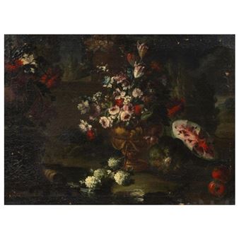 STILL LIFE WITH VASE OF FLOWERS AND WATERMELON, STILL LIFE WITH VASE OF FLOWERS AND PORCELAIN PLATE - Gasparo Lopez