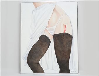 A realistic painting of a figure in white clothing and dark stockings.