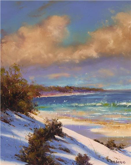 A serene coastal landscape painting featuring a sandy beach, ocean waves, and dramatic clouds.