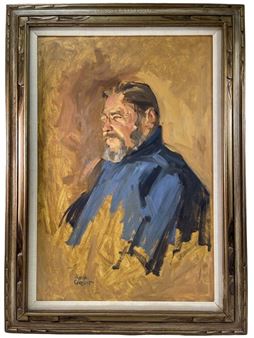 A portrait of a bearded man in profile, rendered with loose brushstrokes against a warm golden background.