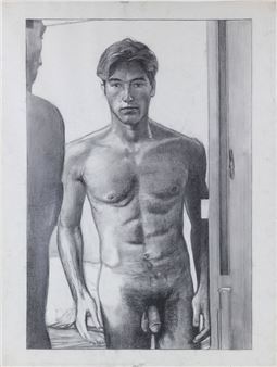 A realistic charcoal drawing of a shirtless male figure standing in front of a mirror.