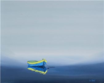 A solitary small boat floats on calm water with a clear reflection.