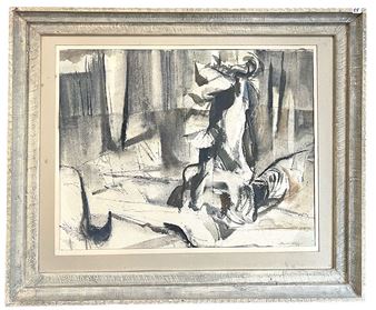 A monochromatic charcoal study of a seated figure in an architectural interior.