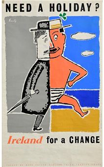 A split-face poster contrasting a formal figure with a relaxed holiday persona.