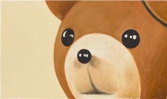 A close-up portrait of a brown bear-like figure with large black eyes against a pale background.