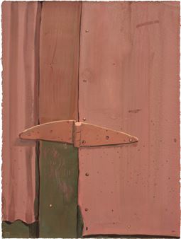 A close-up of a weathered wooden door featuring a large metal latch against a muted pink and green palette.