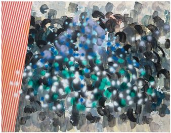 An abstract composition blending a striped vertical band with a chaotic cluster of blue, black, and white marks.