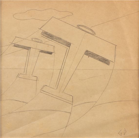 A sketch of three stylized figures with geometric forms and flat shading.