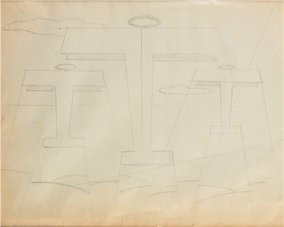 A sketch of a surreal architectural landscape with floating platforms and geometric forms.
