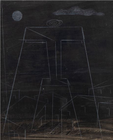 A dark, abstract composition featuring a large geometric figure against a night sky with celestial bodies.