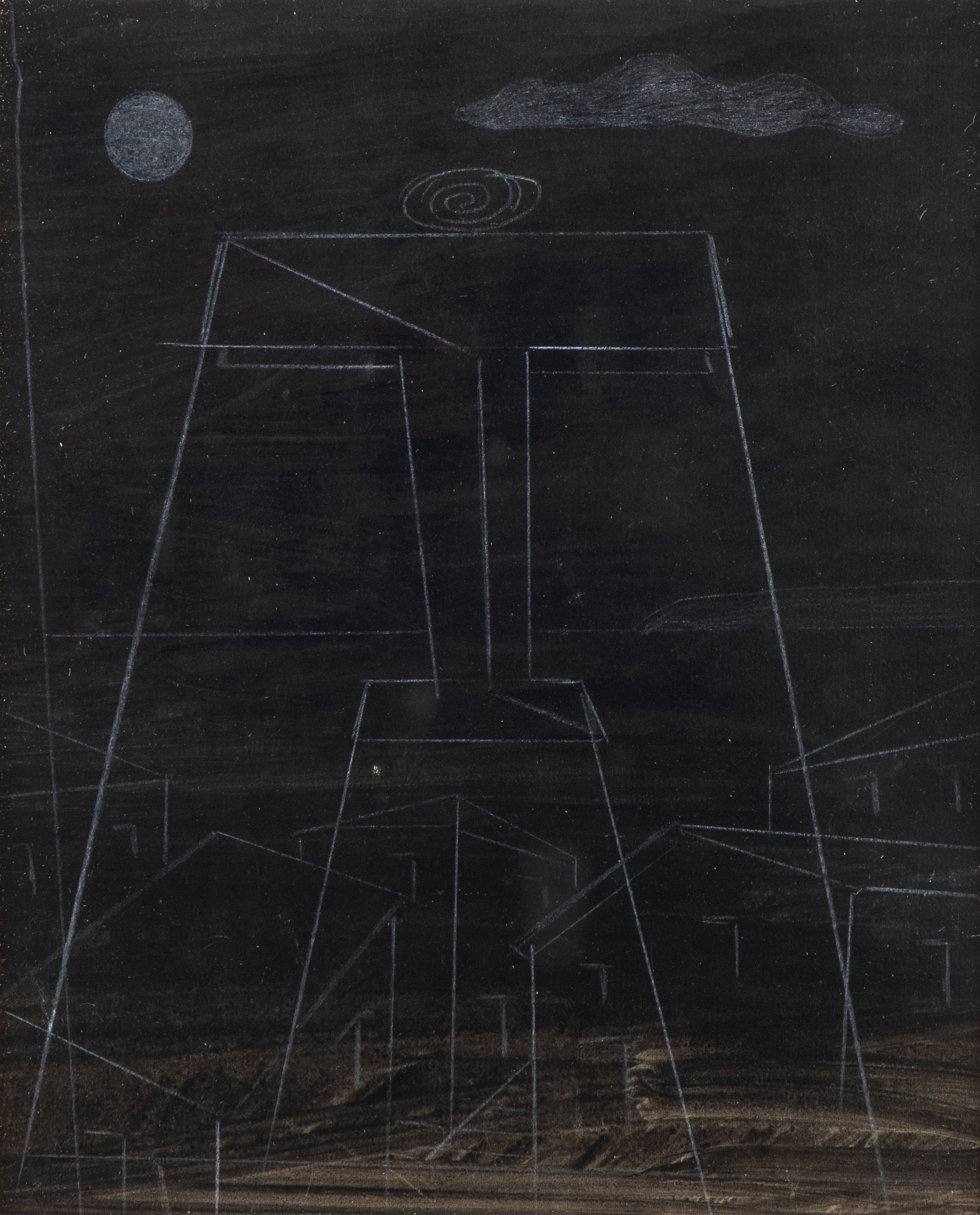 A dark, abstract composition featuring a large geometric figure against a night sky with celestial bodies.