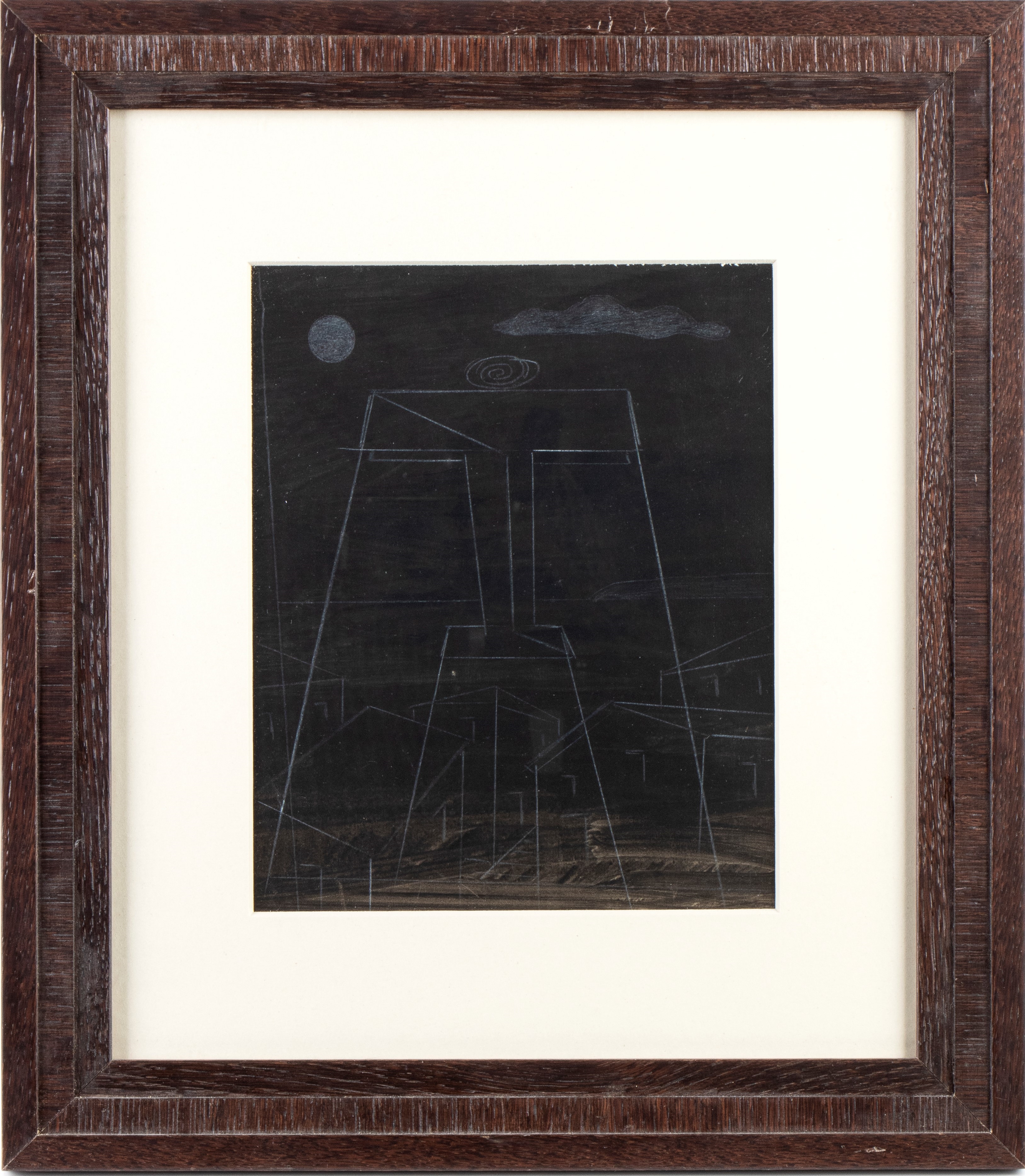A dark, abstract composition featuring a large geometric figure against a night sky with celestial bodies.
