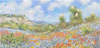 A vibrant impressionist landscape painting of a wildflower meadow under a bright sky.