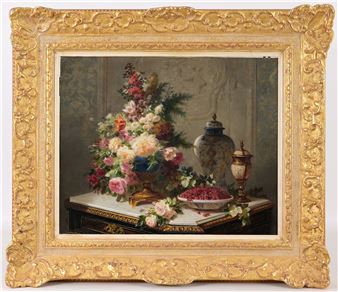 Peinture, Nature Morte Sur Toile - Jean-Baptiste Robie, Fleurs Et Fruits 120x90 Cm 95195006