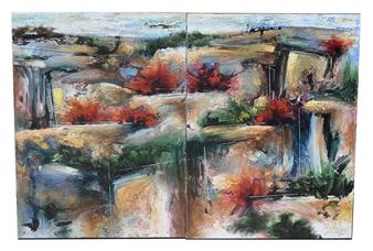 A diptych oil painting of a layered, abstracted landscape featuring bold red foliage and cascading waterfalls.