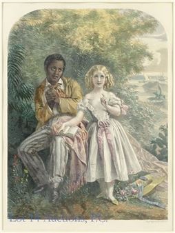 A romanticized portrait of a couple in 18th-century attire within a lush garden setting.