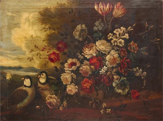 Floral still life with peonies and tulips, and two partridge in a landscape - Nicola Casissa