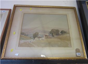 A framed landscape watercolor painting depicting a hilly scene with dark trees and a pale sky.