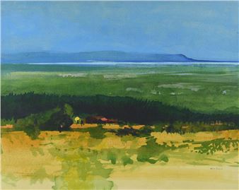 A watercolor landscape painting of a coastal scene with distant hills and a small house.