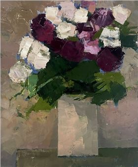 A vibrant floral still life rendered in thick, textured brushstrokes.
